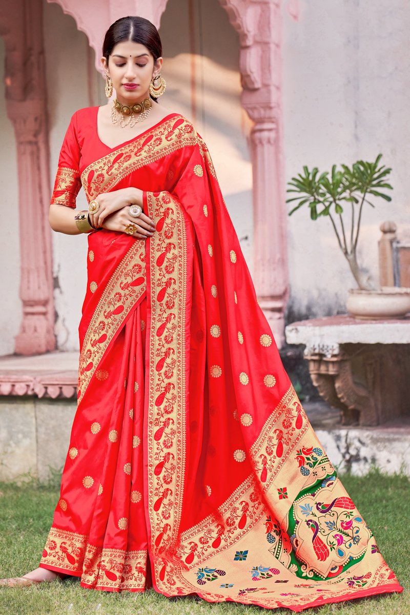 Festive Wear Red Art Silk Fabric Weaving Work Designer Saree