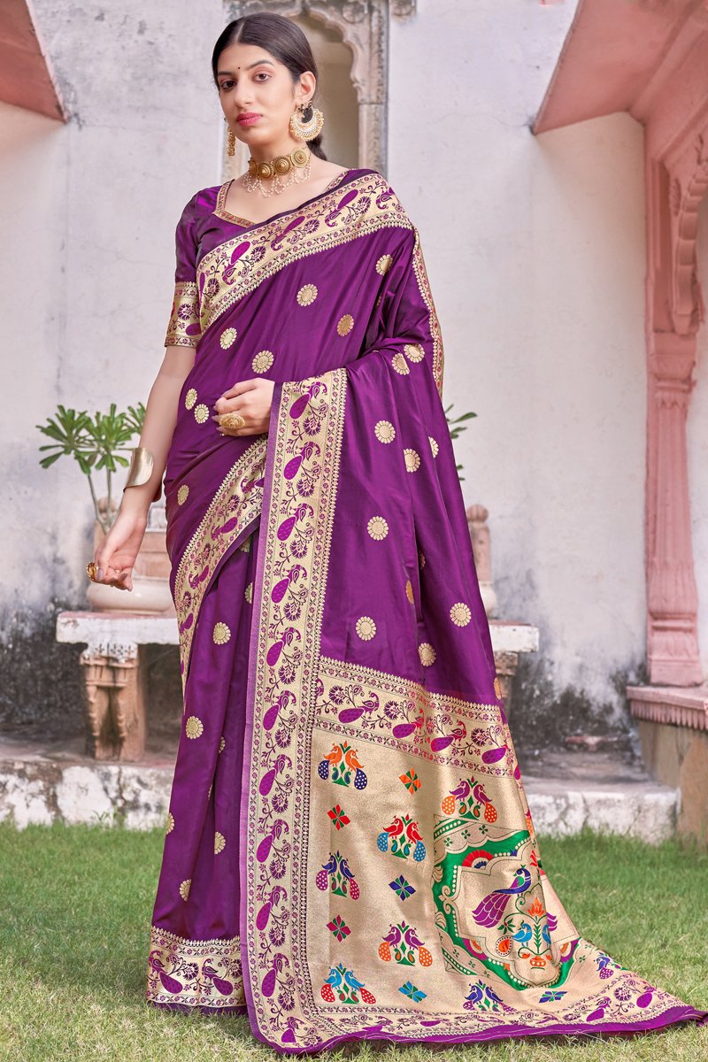 Purple Color Art Silk Fabric Weaving Work Function Wear Fancy Saree