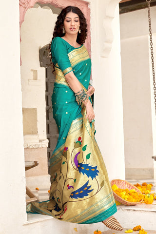 Cyan Color Reception Wear Trendy Weaving Work Saree In Art Silk Fabric