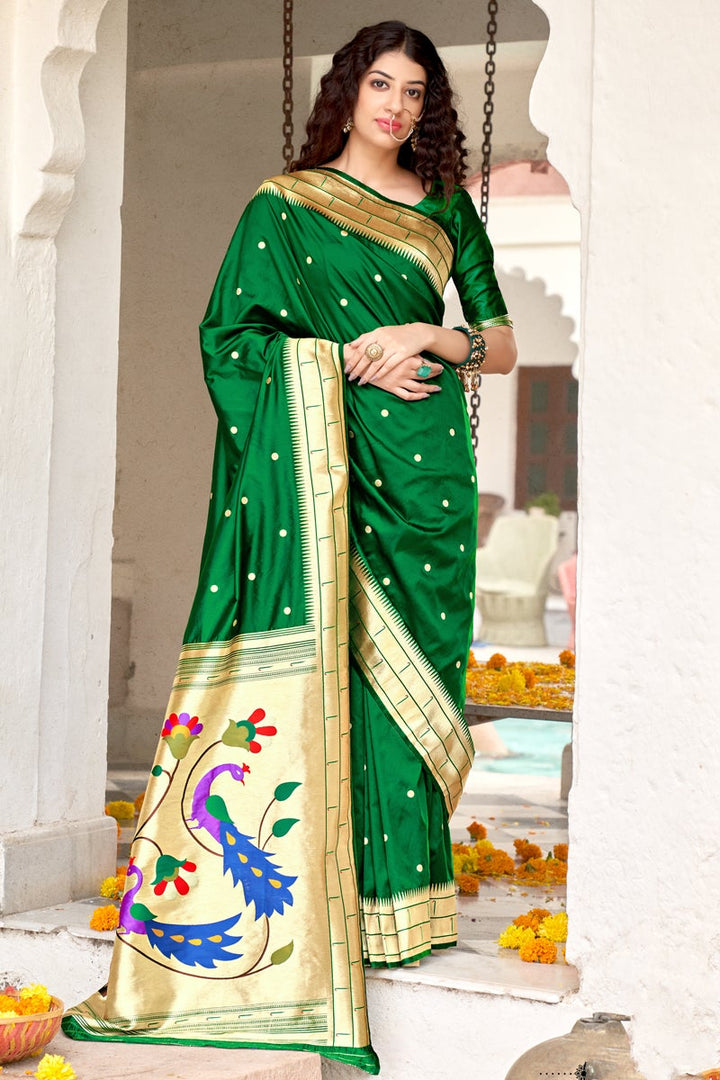 Art Silk Fabric Weaving Work Dark Green Color Sangeet Wear Trendy Saree