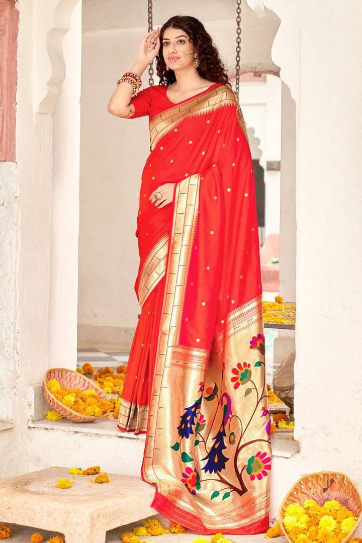 Art Silk Fabric Red Color Weaving Work Festive Wear Trendy Saree