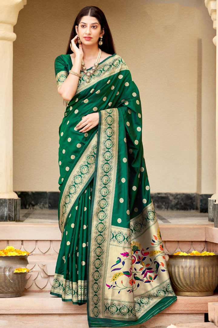 Art Silk Fabric Festive Wear Dark Green Color Weaving Work Saree