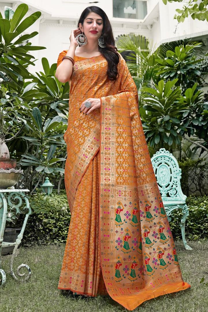Orange Color Art Silk Fabric Reception Wear Weaving Work Saree