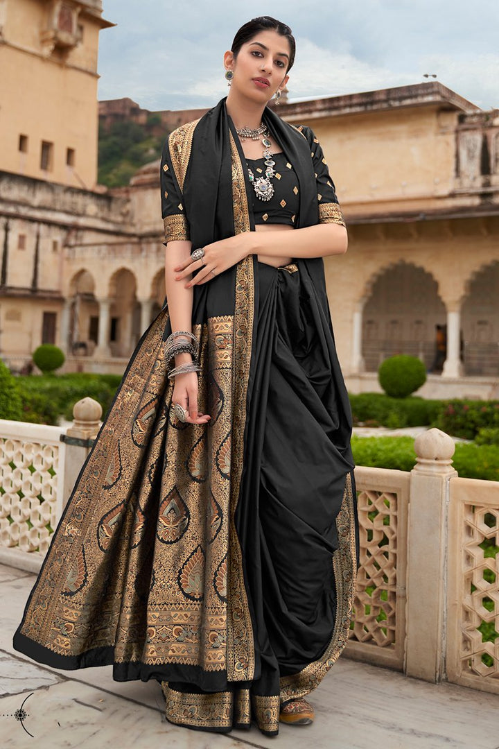 Black Color Party Style Art Silk Fabric Weaving Work Saree