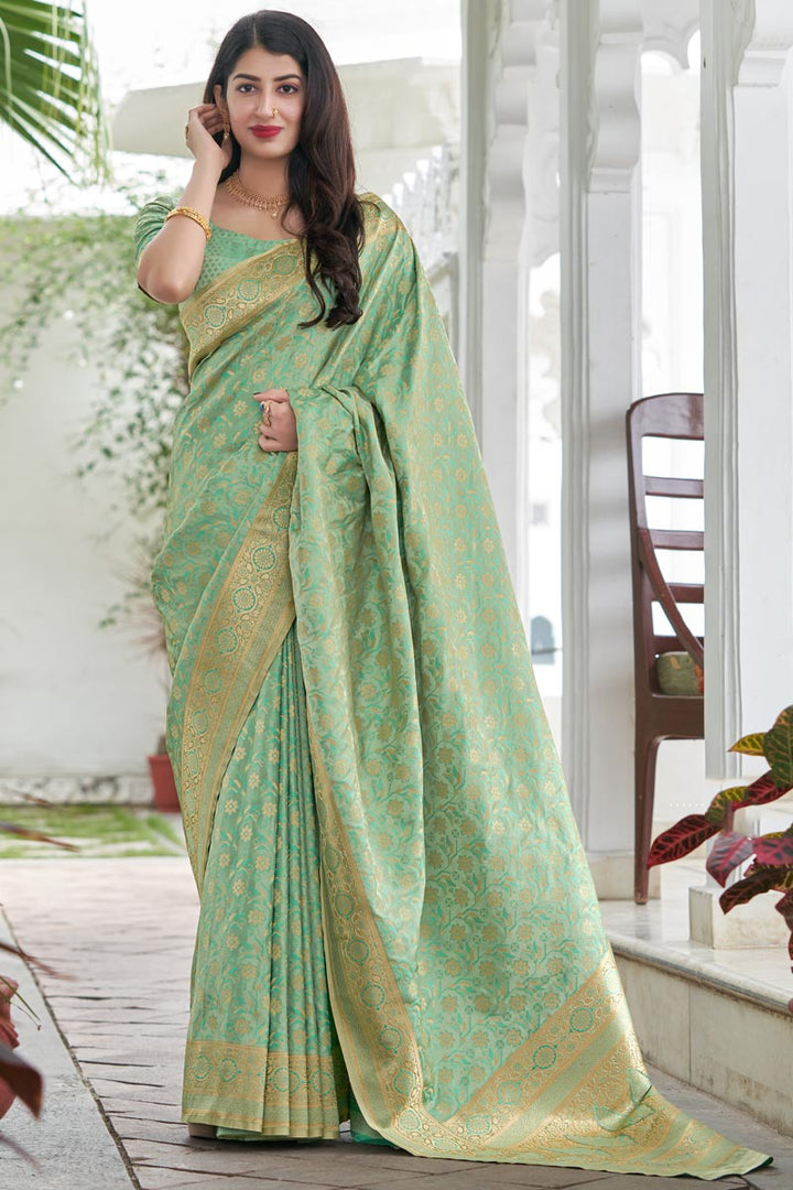 Art Silk Fabric Classic Sangeet Wear Sea Sea Green Color Embroidered Saree