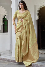 Load image into Gallery viewer, Sangeet Wear Classic Beige Color Art Silk Fabric Embroidered Saree
