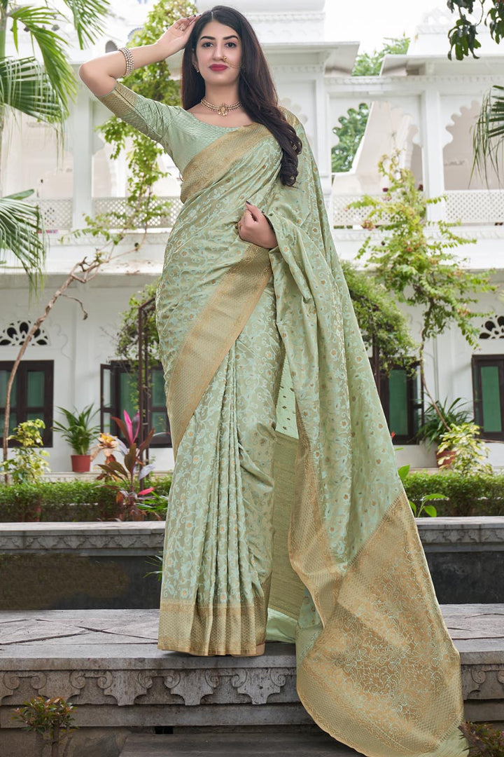 Art Silk Fabric Sangeet Wear Classic Sea Sea Green Color Embroidered Saree