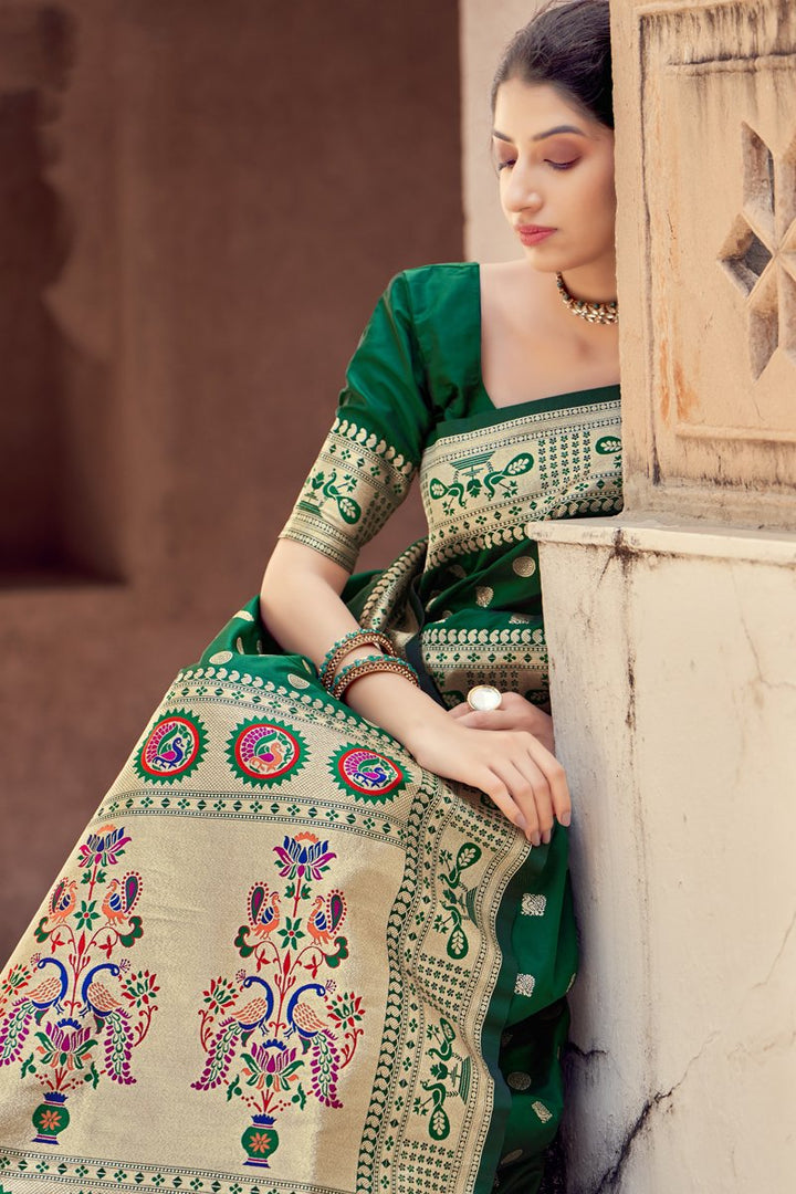 Dark Green Color Function Wear Art Silk Fabric Weaving Work Designer Saree
