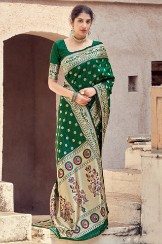 Dark Green Color Function Wear Art Silk Fabric Weaving Work Designer Saree