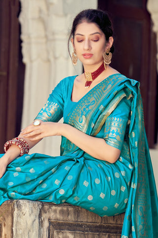 Party Wear Cyan Art Silk Fancy Weaving Work Saree