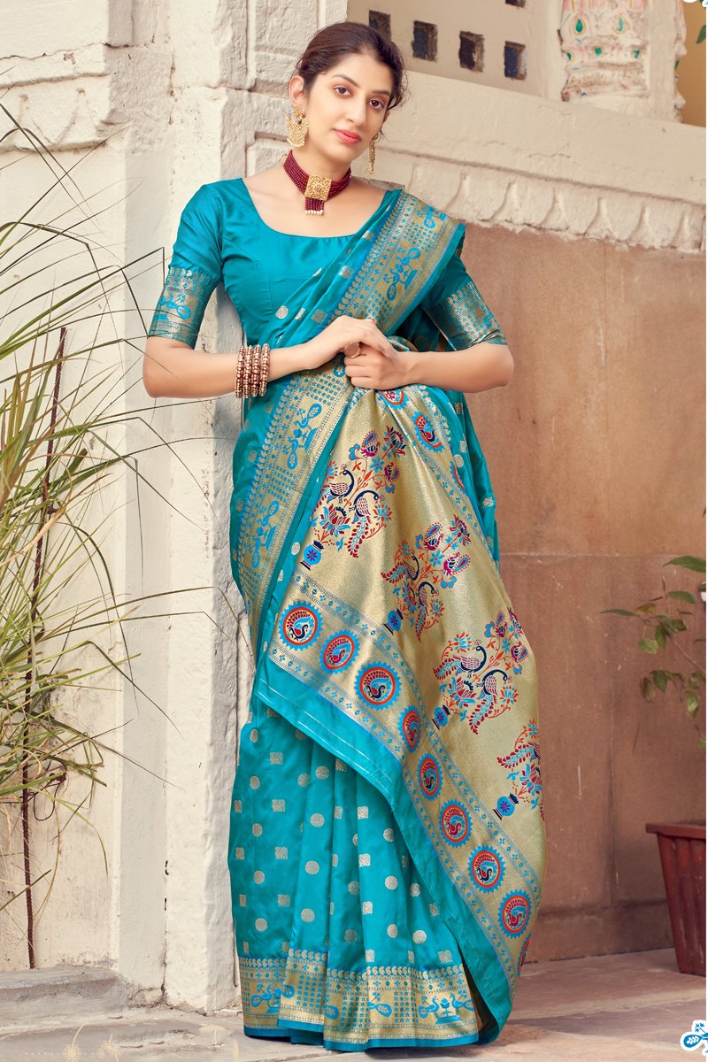 Party Wear Cyan Art Silk Fancy Weaving Work Saree