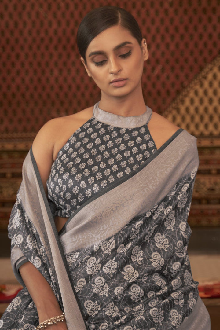 Grey Color Fancy Pashmina Silk Fabric Printed Function Wear Saree