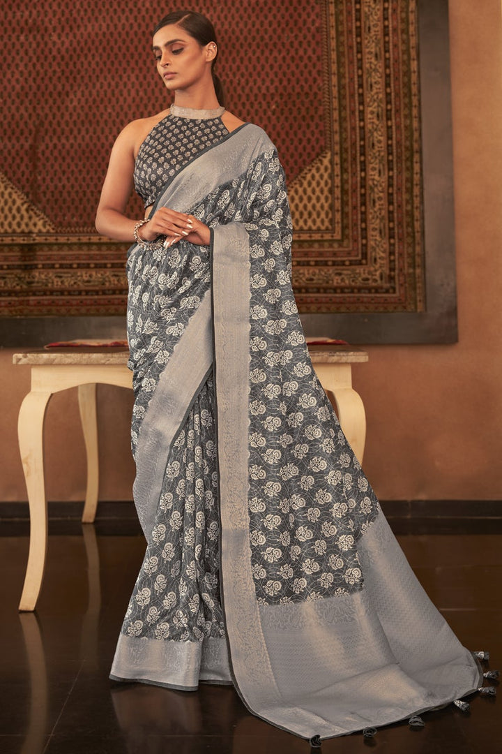 Grey Color Fancy Pashmina Silk Fabric Printed Function Wear Saree