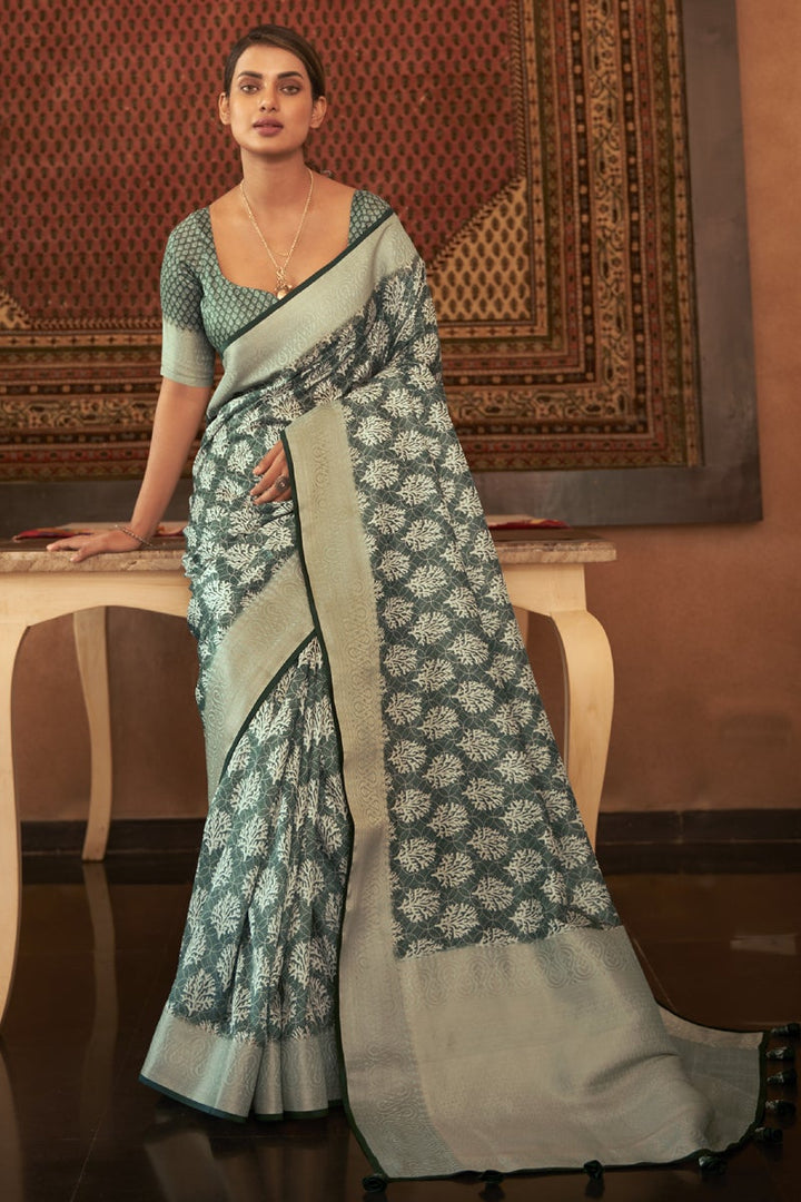 Pashmina Silk Fabric Festive Wear Dark Beige Color Fancy Printed Saree
