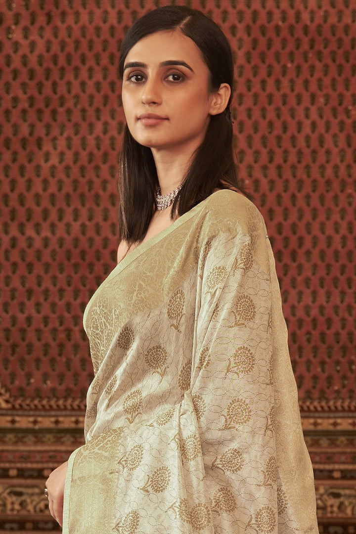 Beige Color Function Wear Fancy Pashmina Silk Fabric Printed Saree