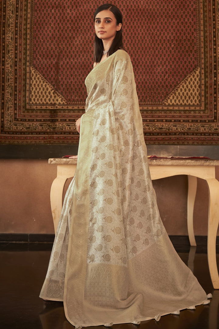 Beige Color Function Wear Fancy Pashmina Silk Fabric Printed Saree