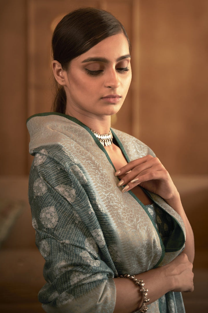 Party Wear Grey Color Pashmina Silk Fabric Printed Fancy Saree