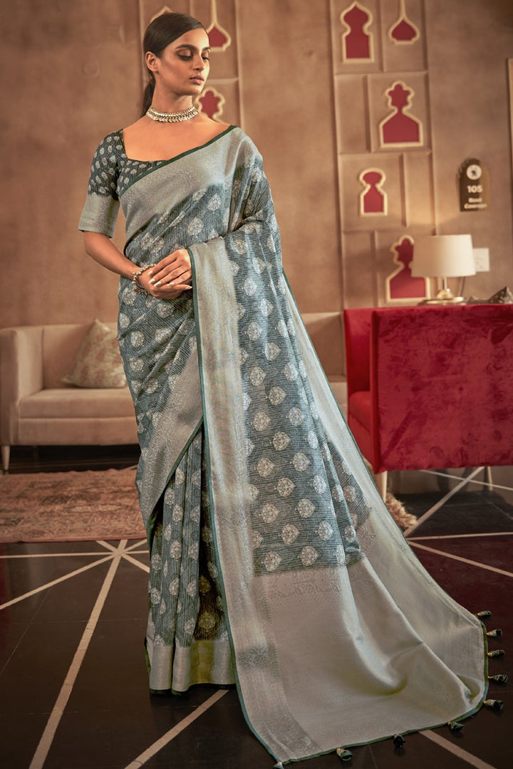 Party Wear Grey Color Pashmina Silk Fabric Printed Fancy Saree