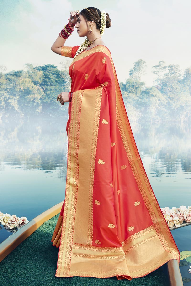 Art Silk Fabric Party Wear Orange Color Weaving Work Saree