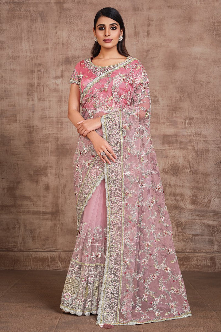 Pink Color Net Fabric Embroidered Festive Wear Trendy Saree