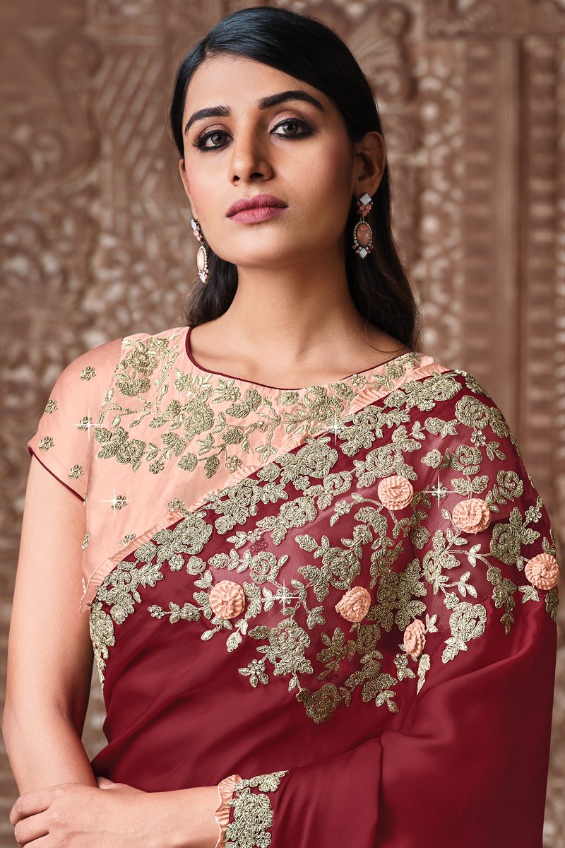 Maroon Color Embroidered Wedding Wear Designer Saree In Satin Silk Fabric