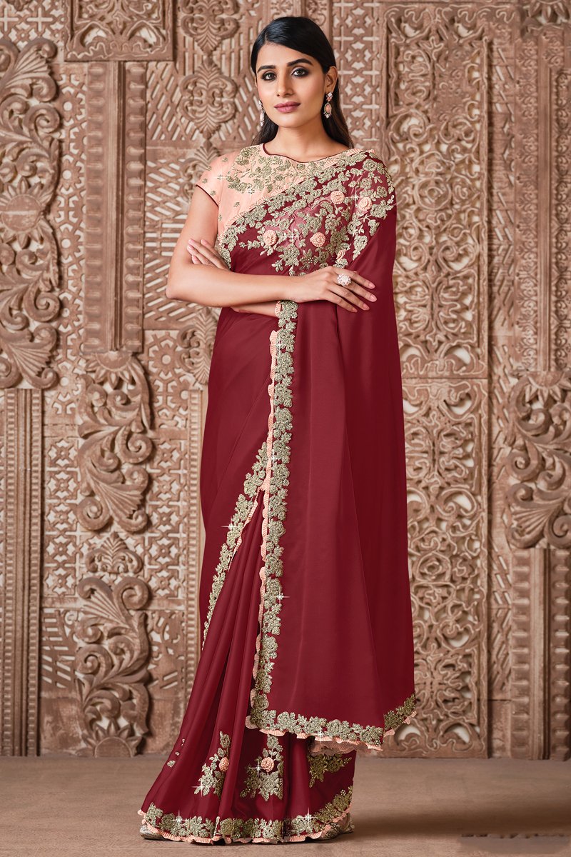 Maroon Color Embroidered Wedding Wear Designer Saree In Satin Silk Fabric