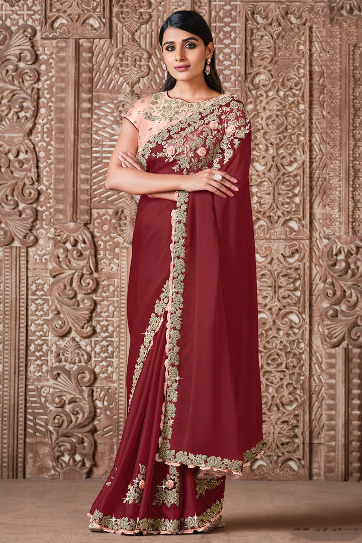 Maroon Color Embroidered Wedding Wear Designer Saree In Satin Silk Fabric