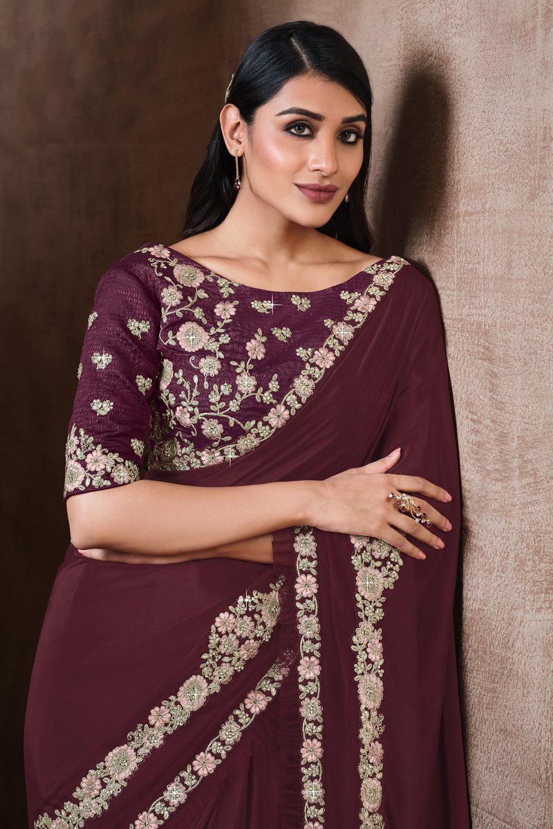 Georgette Silk Fabric Embroidered Wine Color Function Wear Trendy Saree