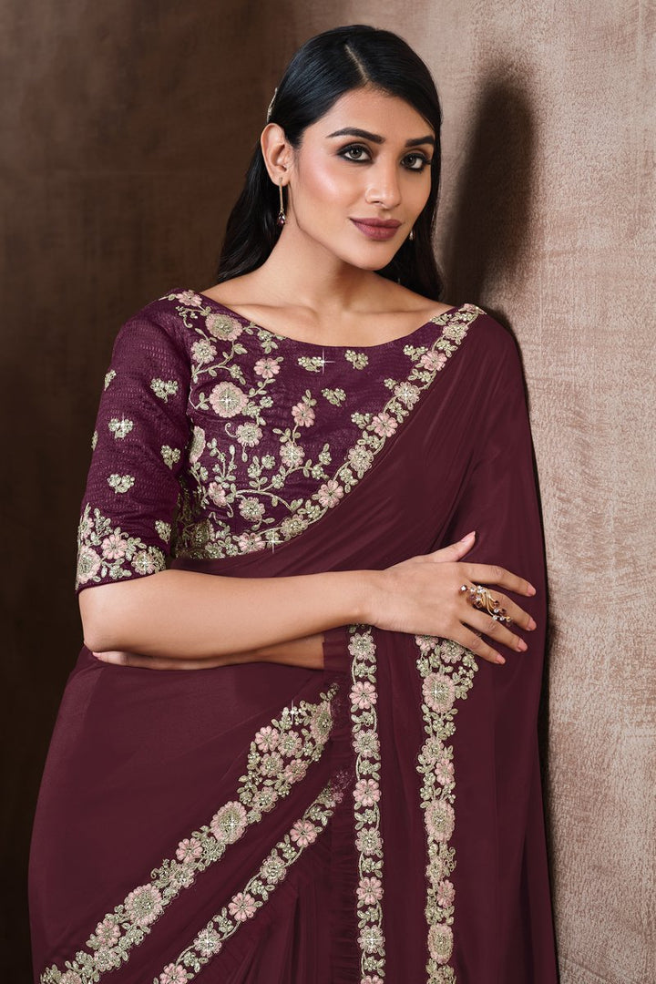 Georgette Silk Fabric Embroidered Wine Color Function Wear Trendy Saree