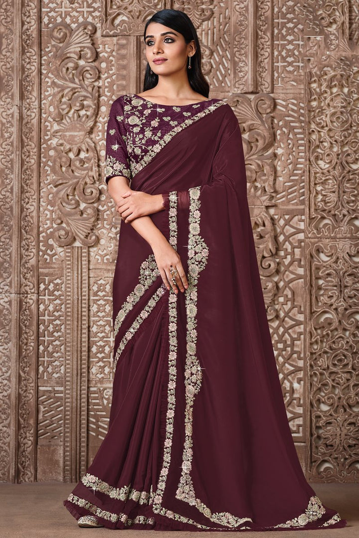 Georgette Silk Fabric Embroidered Wine Color Function Wear Trendy Saree