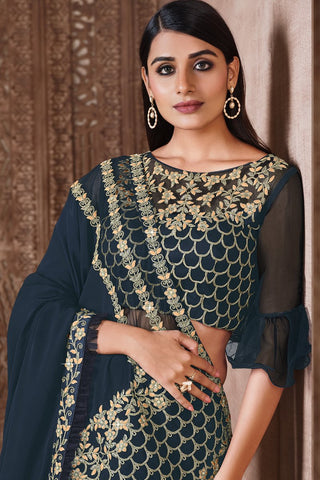 Georgette Silk Fabric Festive Wear Navy Blue Color Embroidered Designer Saree