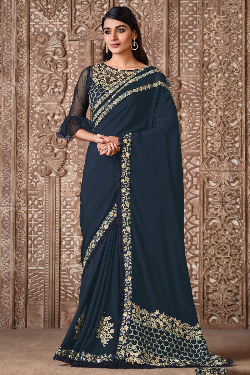 Georgette Silk Fabric Festive Wear Navy Blue Color Embroidered Designer Saree