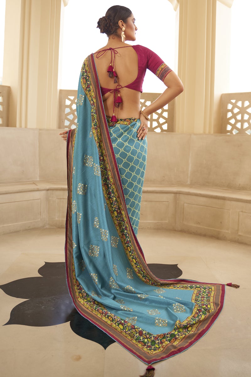 Party Wear Art Silk Fabric Printed Fancy Saree In Sky Blue Color