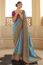 Load image into Gallery viewer, Party Wear Art Silk Fabric Printed Fancy Saree In Sky Blue Color
