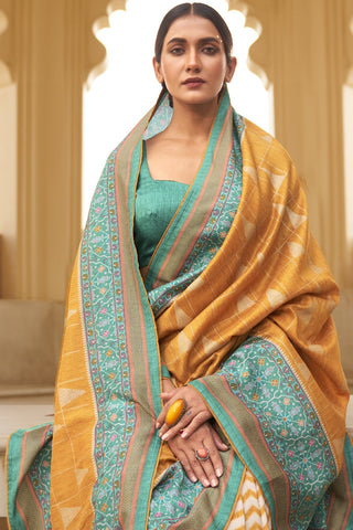 Party Wear Mustard Color Art Silk Fabric Printed Fancy Saree