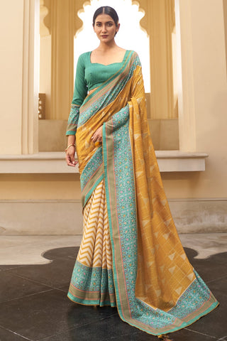 Party Wear Mustard Color Art Silk Fabric Printed Fancy Saree