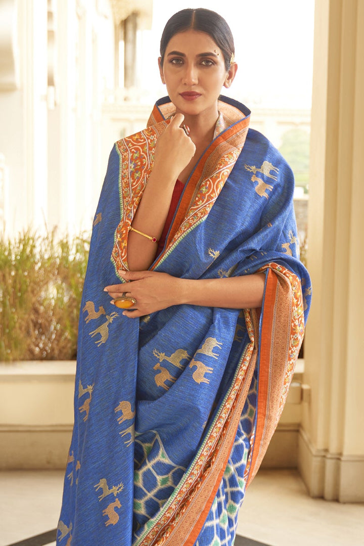 Party Wear Blue Color Art Silk Fabric Printed Fancy Saree