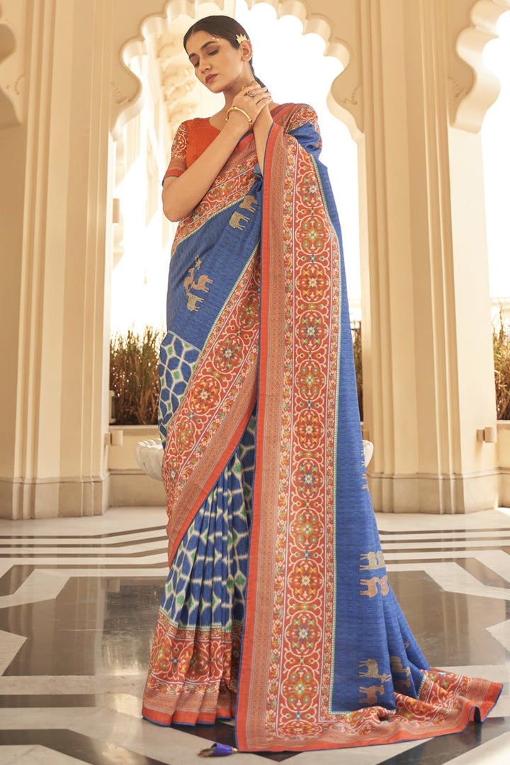 Party Wear Blue Color Art Silk Fabric Printed Fancy Saree