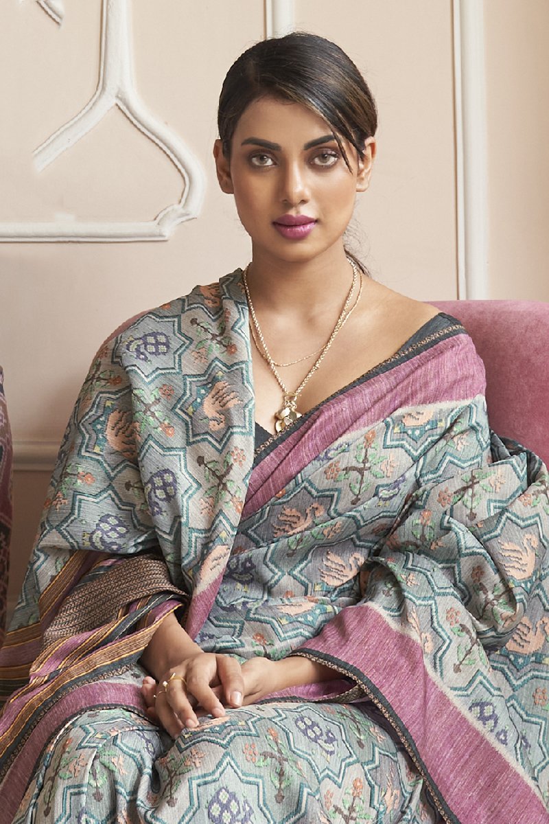 Daily Wear Art Silk Fabric Printed Saree In Grey Color