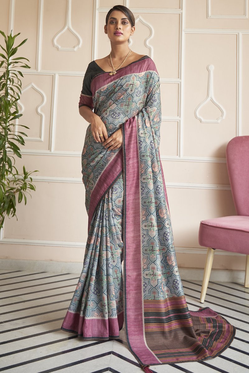 Daily Wear Art Silk Fabric Printed Saree In Grey Color