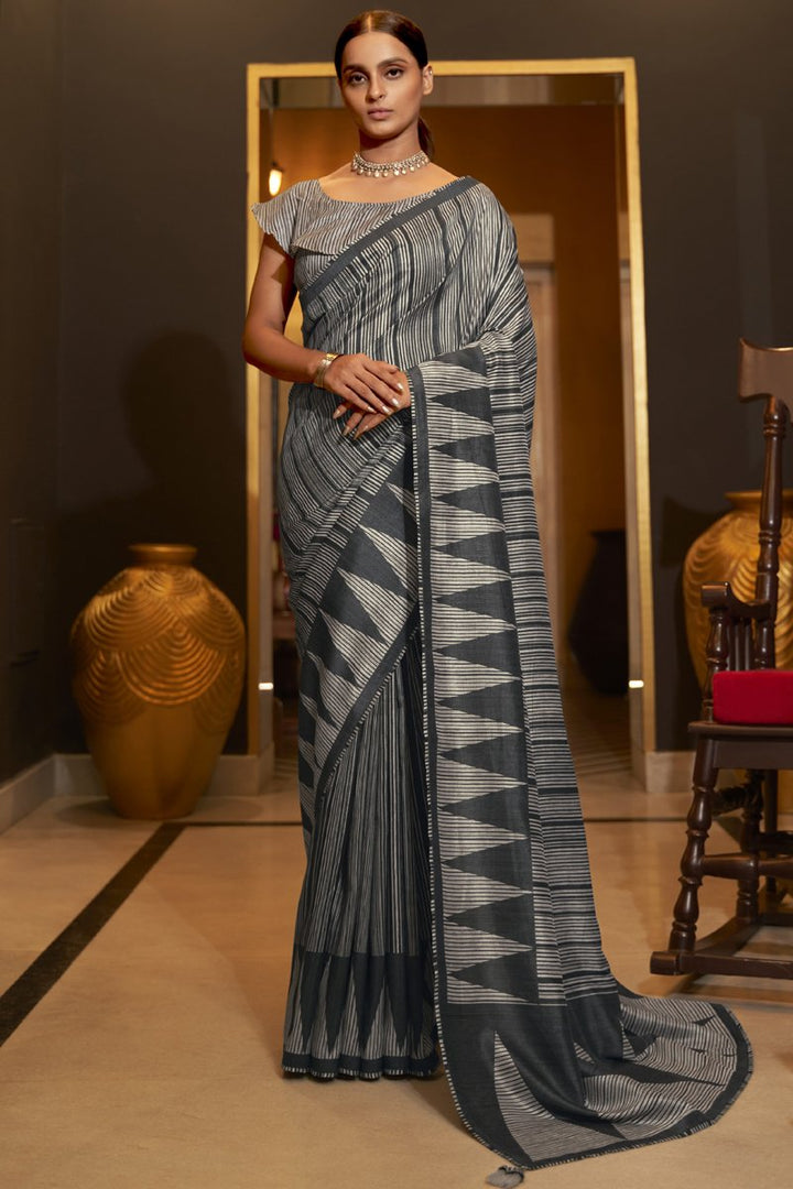 Grey Color Occasion Wear Art Silk Fabric Printed Saree
