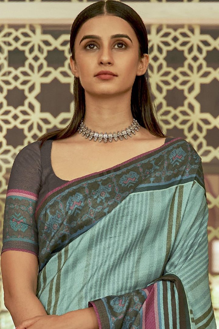 Art Silk Fabric Casual Wear Cyan Color Printed Saree