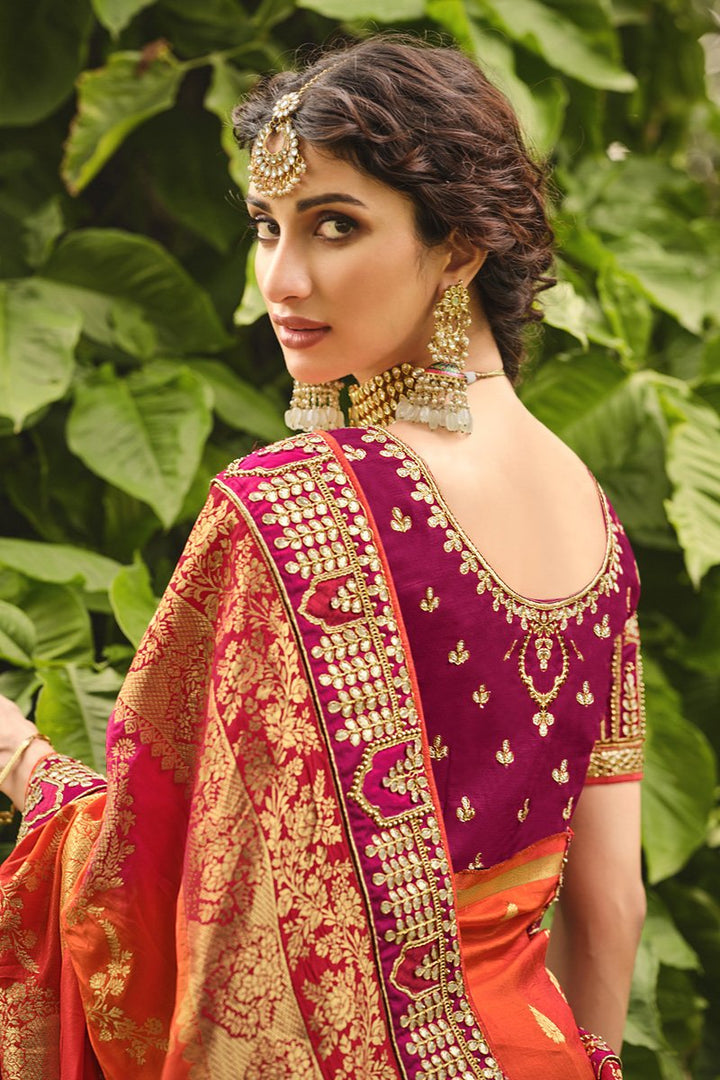 Sangeet Wear Orange Color Silk Fabric Designer Weaving Work Saree