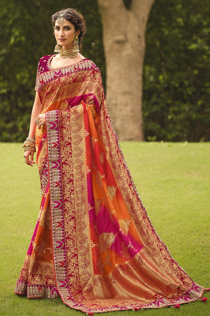 Sangeet Wear Orange Color Silk Fabric Designer Weaving Work Saree