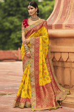 Load image into Gallery viewer, Yellow Color Reception Wear Designer Silk Fabric Weaving Work Saree
