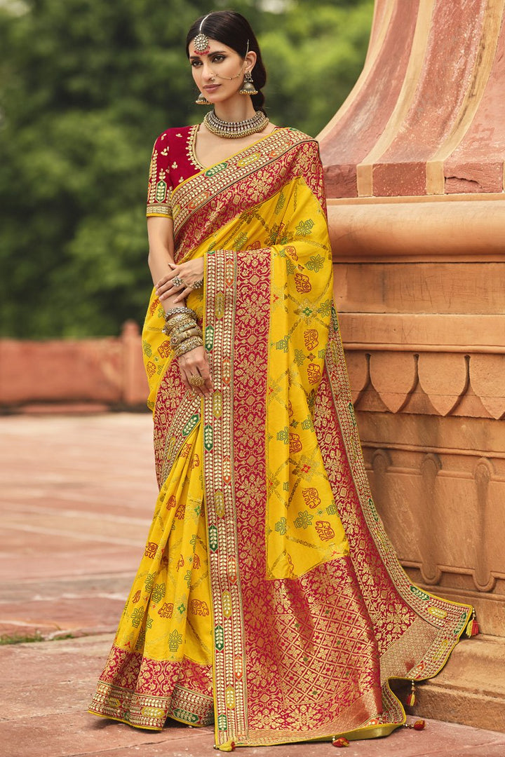 Yellow Color Reception Wear Designer Silk Fabric Weaving Work Saree