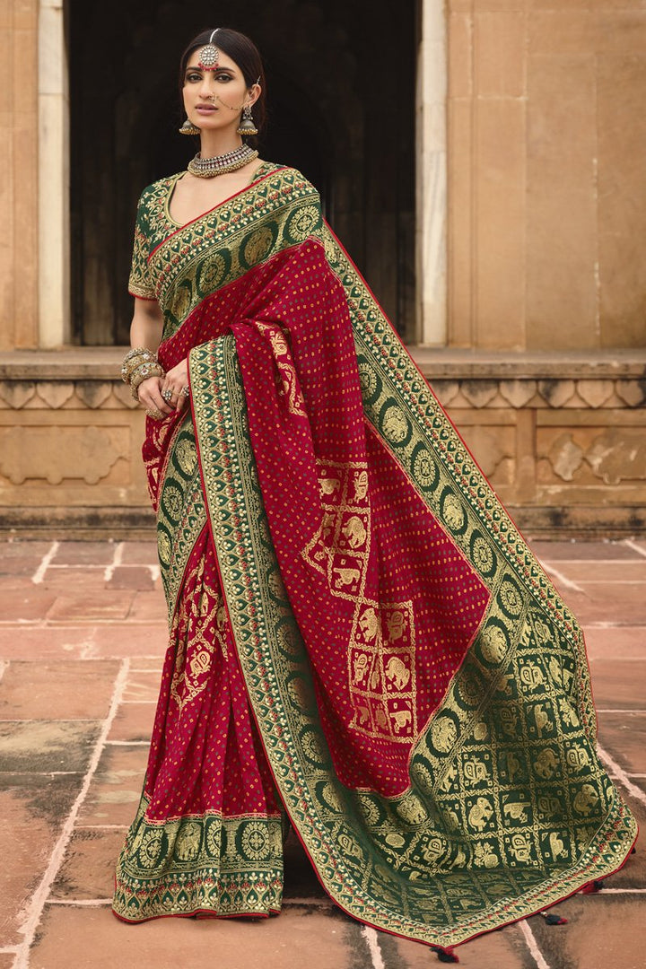 Red Color Festive Wear Silk Fabric Designer Weaving Work Saree