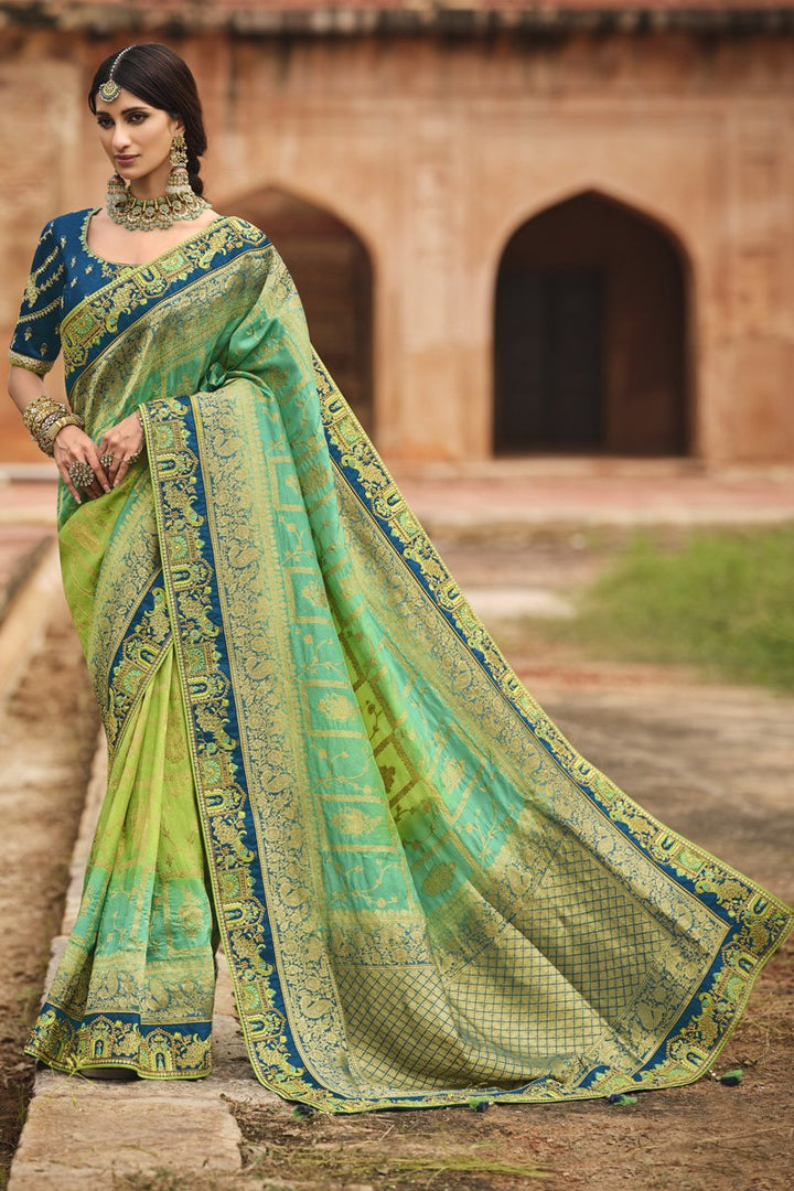 Sea Green Color Party Wear Silk Fabric Designer Weaving Work Saree