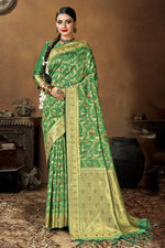 Load image into Gallery viewer, Art Silk Fabric Green Color Puja Wear Fancy Weaving Work Saree
