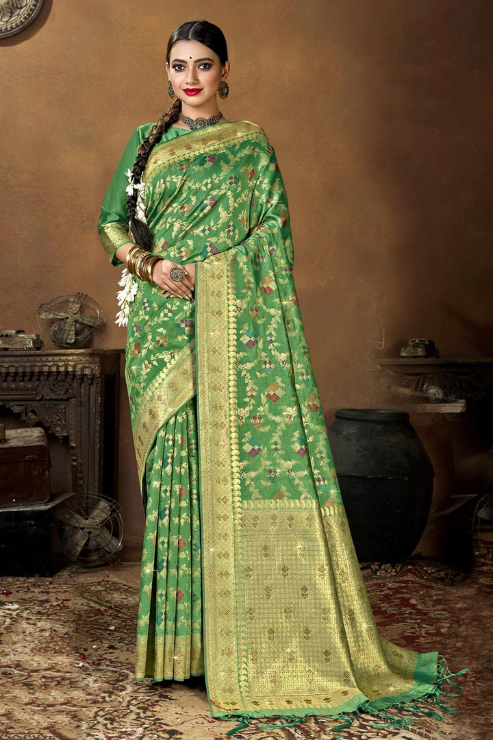 Art Silk Fabric Green Color Puja Wear Fancy Weaving Work Saree